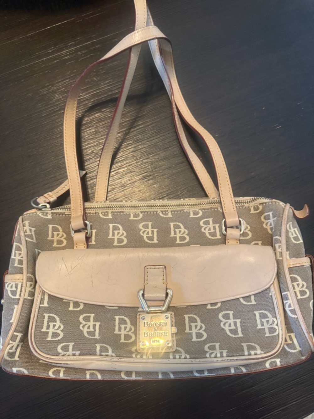 Y2K Vintage Dooney & Bourke DB Monogram Canvas Shoulder Bag Tan Leather